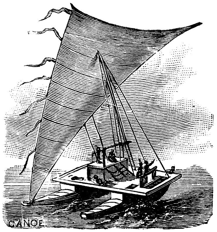 传统的斐济瓦卡德鲁亚船(神圣的双独木舟)- 19世纪
